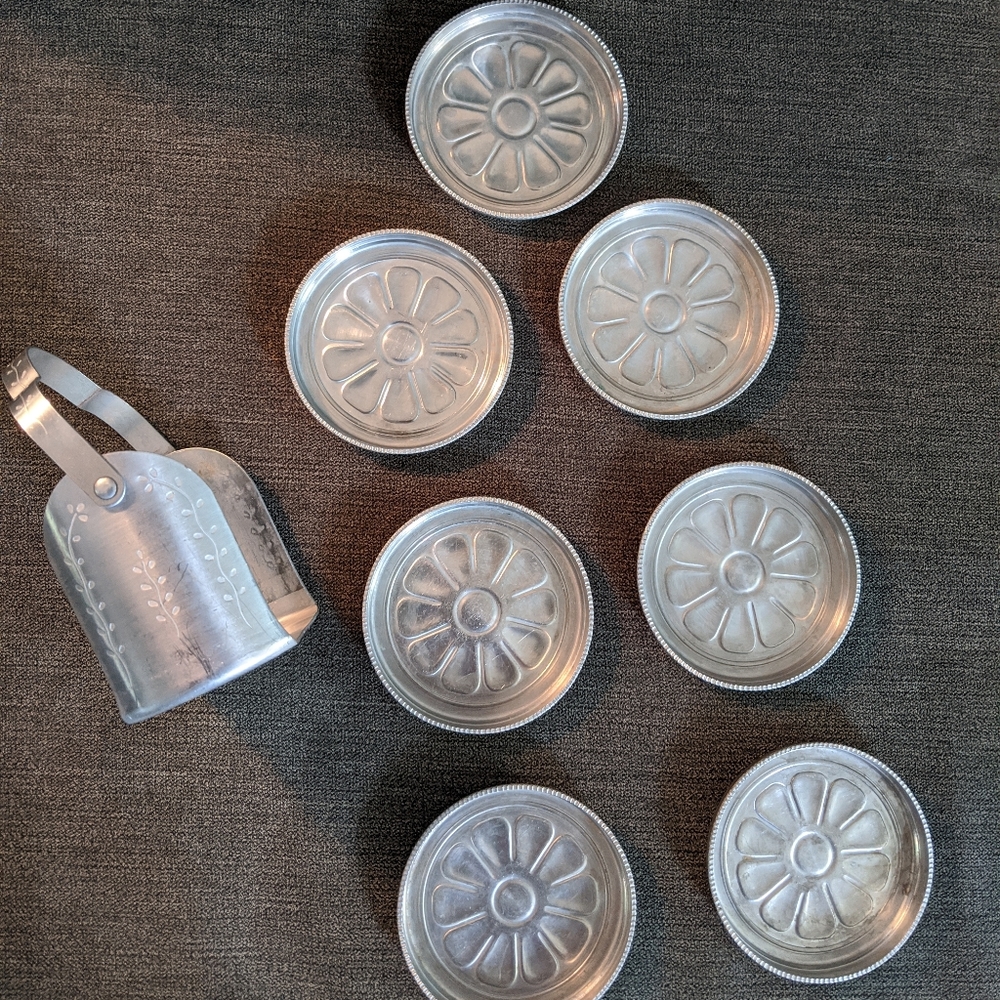 Vintage 1960s Aluminum Coaster and Caddy Set